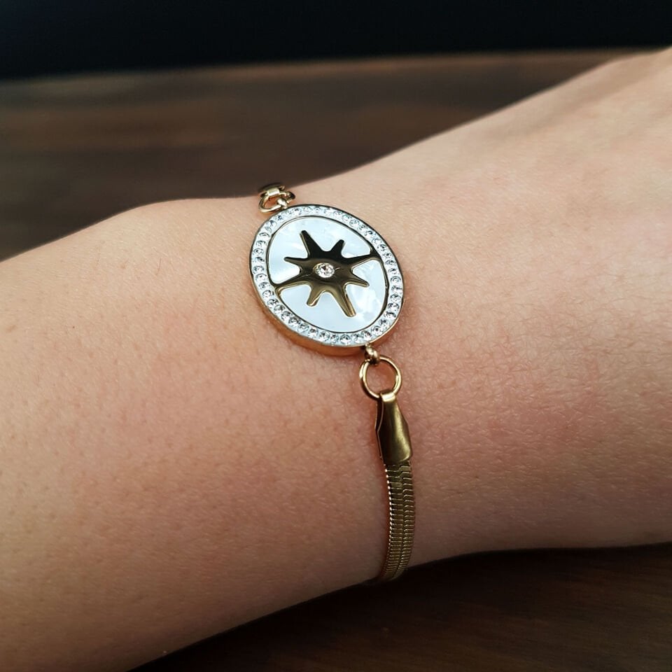 Zirkon Taşlı  Sedefli Gold Çelik Bileklik