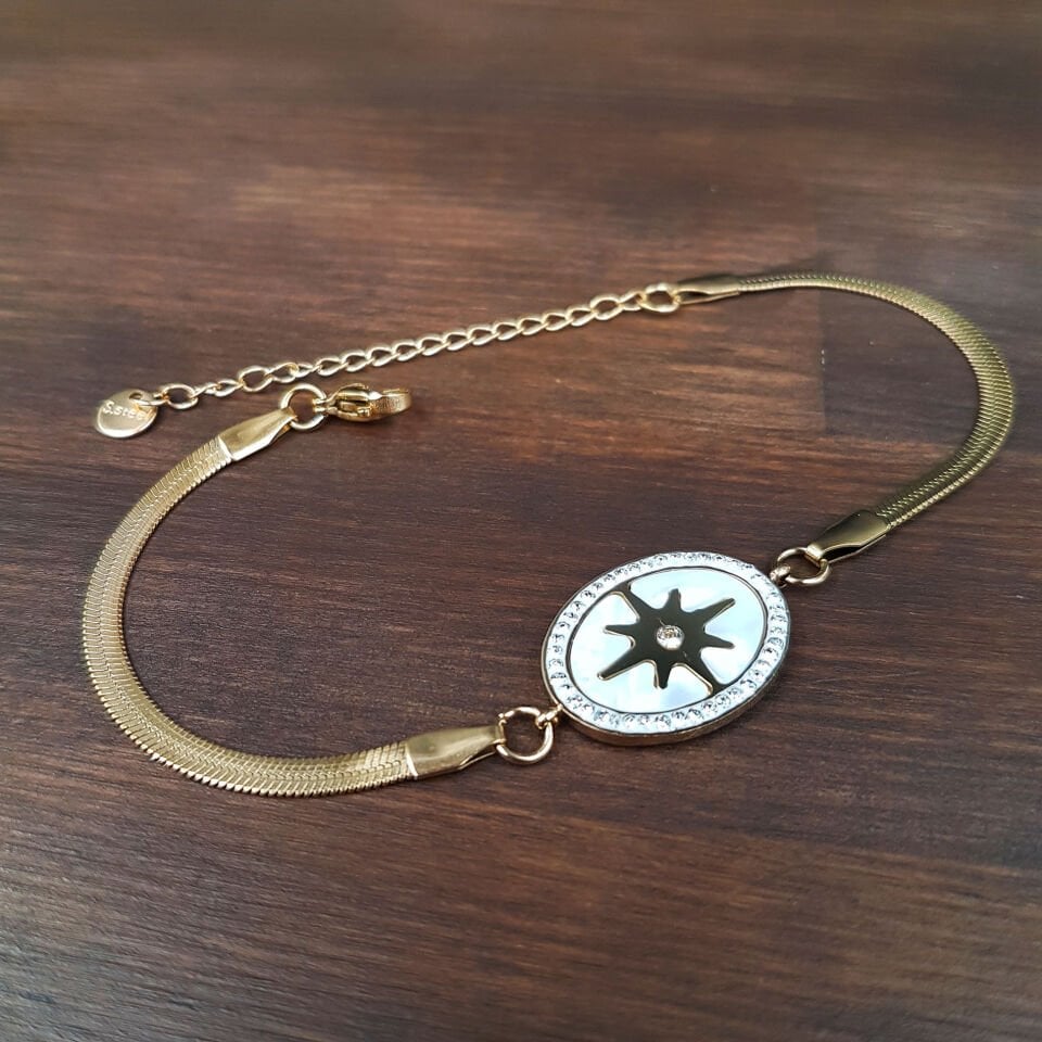 Zirkon Taşlı  Sedefli Gold Çelik Bileklik