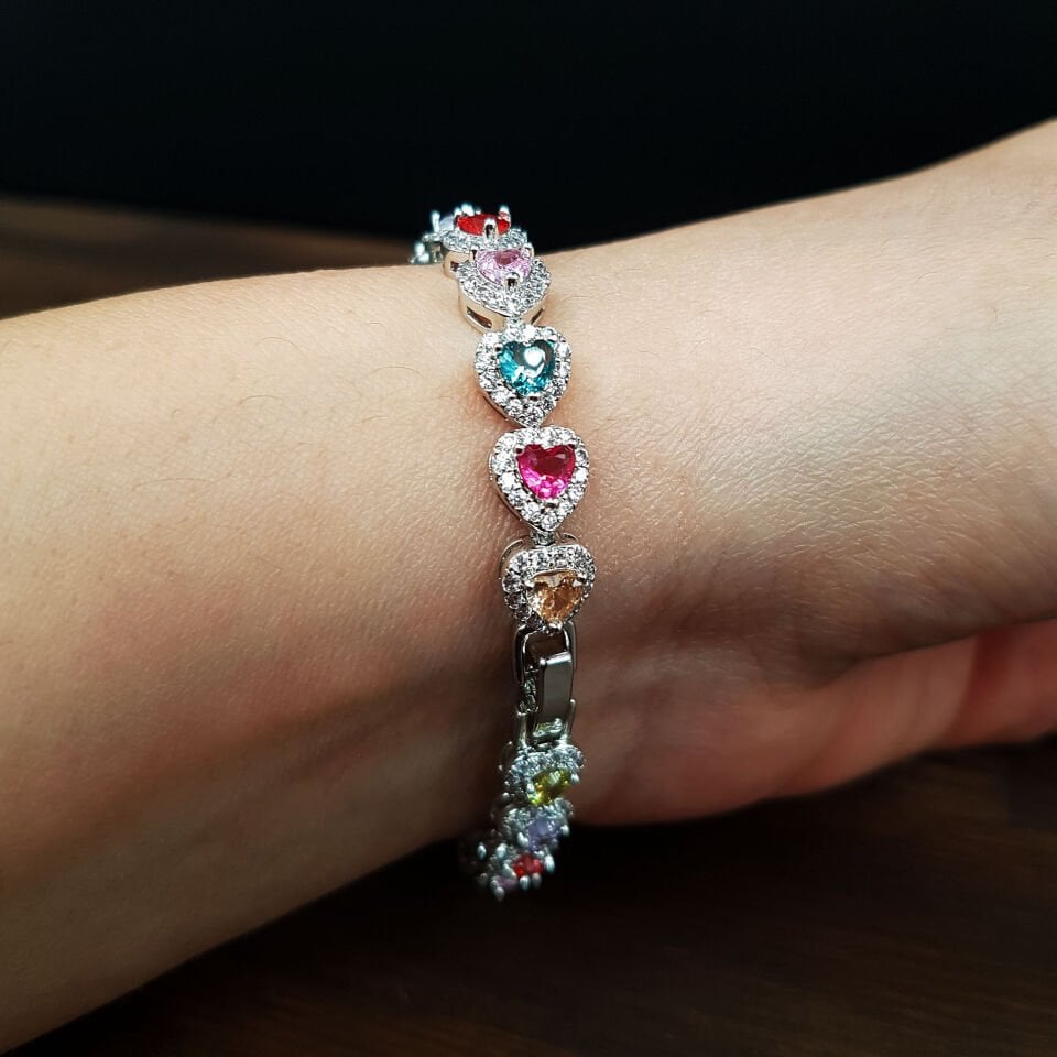 Renkli Zirkon Taş Tasarım Kalpli Çelik Bileklik