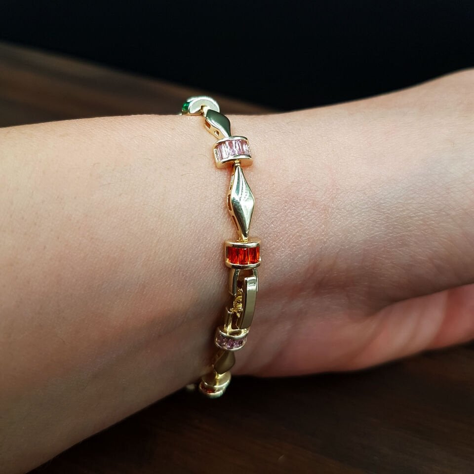 Renkli Taş Tasarım Gold Kadın Çelik Bileklik