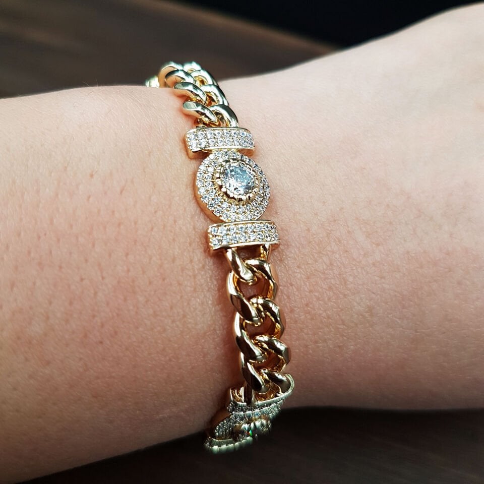 Altın Kaplama Büyük Zirkon Taşlı Çelik Bileklik