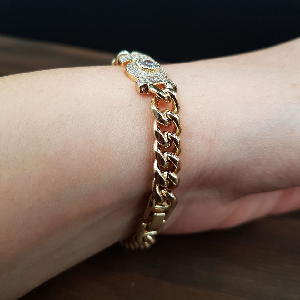 Altın Kaplama Büyük Zirkon Taşlı Çelik Bileklik