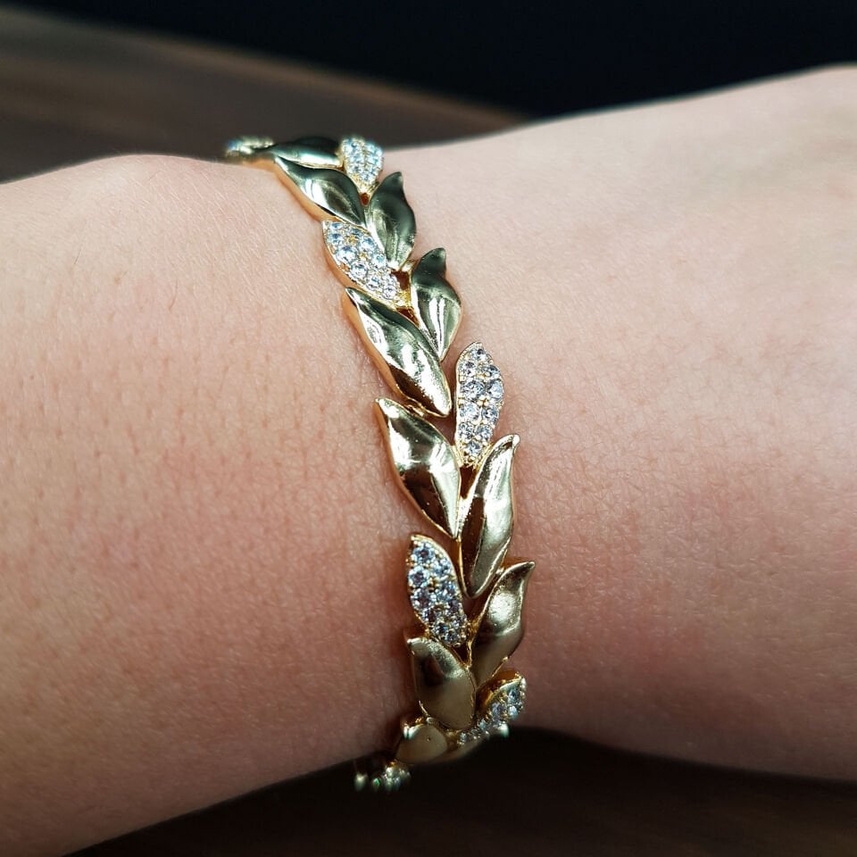 Yaprak Tasarım Taşlı Kadın Çelik Bileklik