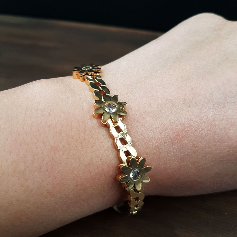 Gold Çiçek Tasarım Kadın Çelik Kelepçe