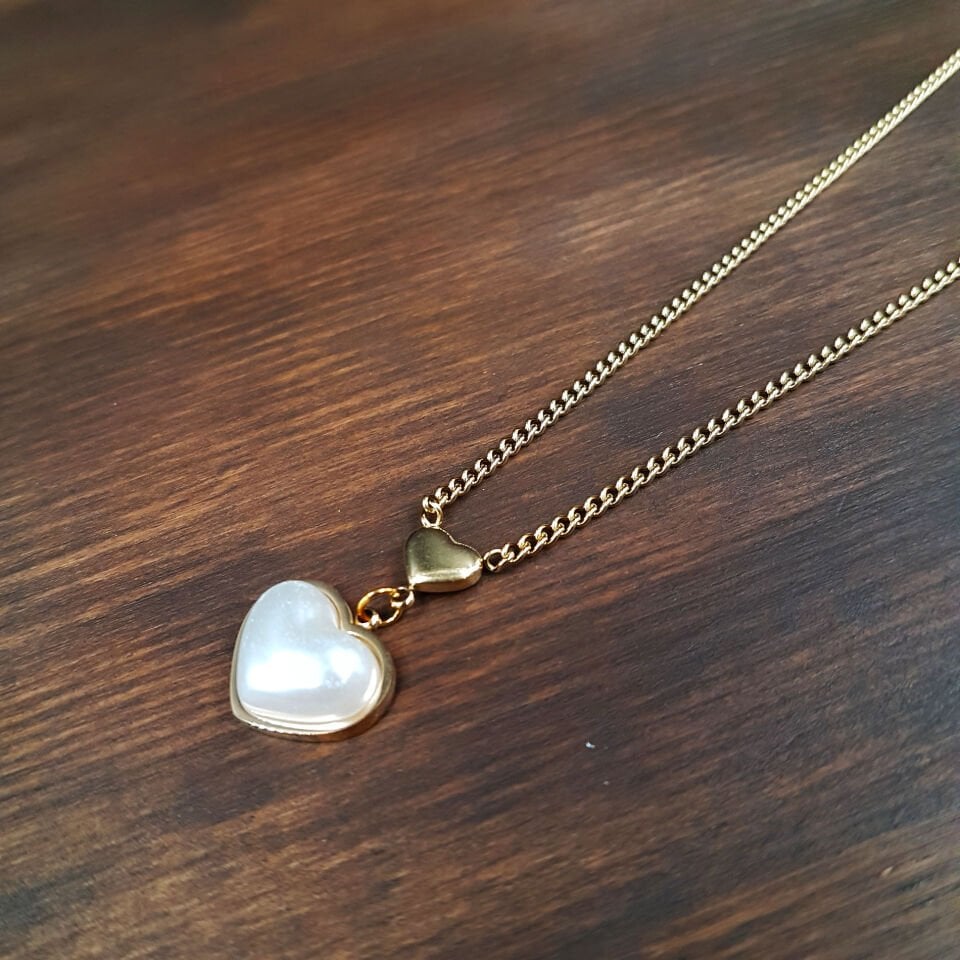 Gold İnci Kalp Tasarım Kadın Çelik Kolye