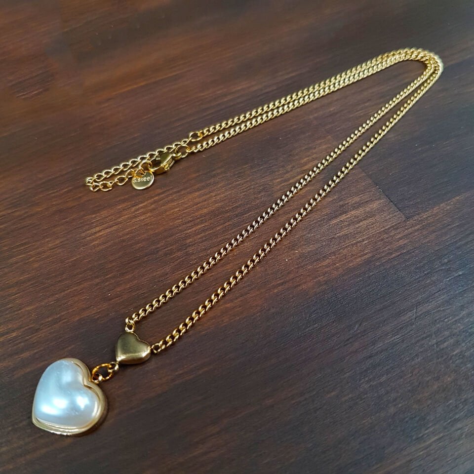 Gold İnci Kalp Tasarım Kadın Çelik Kolye