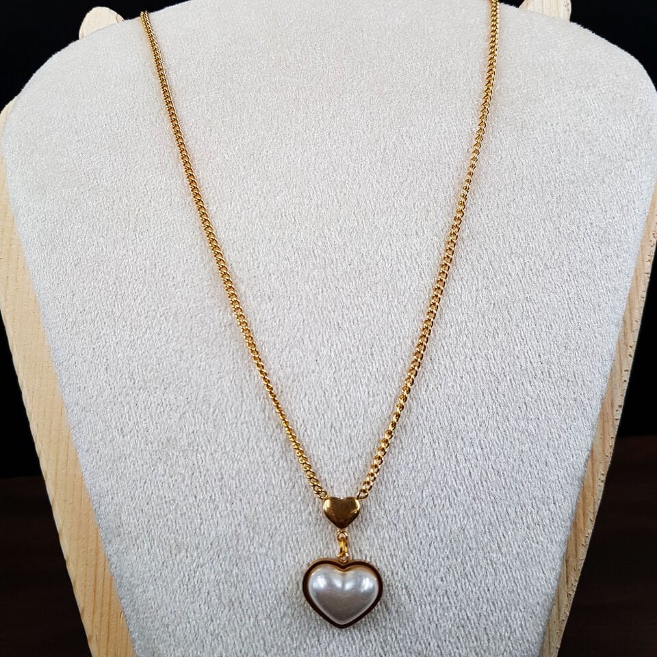 Gold İnci Kalp Tasarım Kadın Çelik Kolye