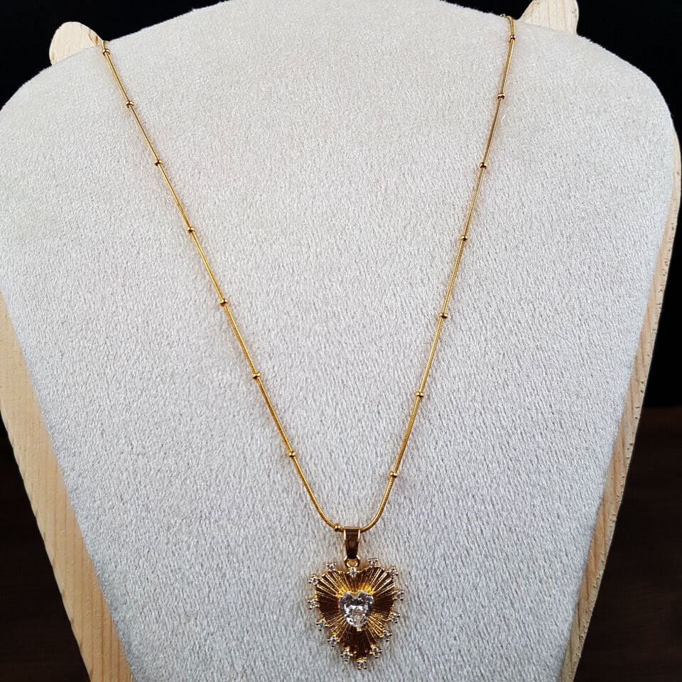 Gold Zirkon taş Kalp Model Tasarım Kadın Çelik Kolye