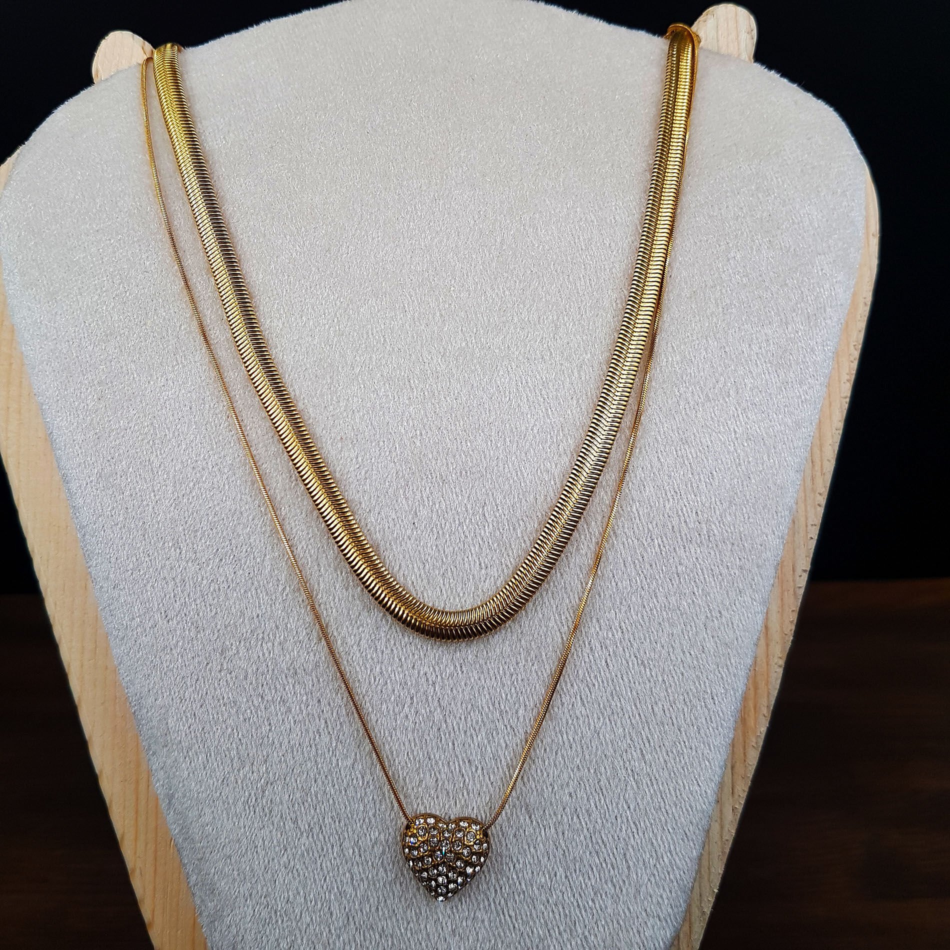 Balık Sırtı Kalp Kombimli Kadın Gold Çelik Kolye