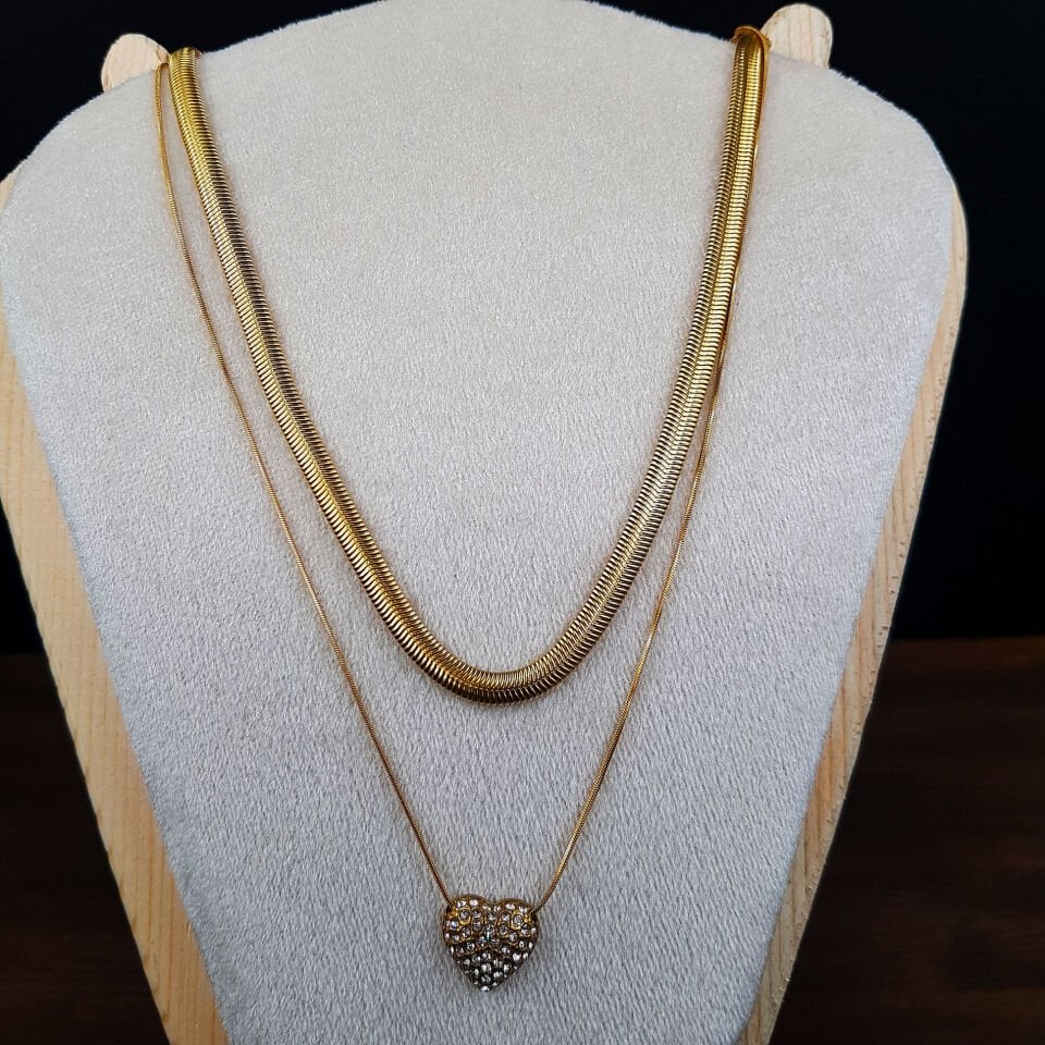 Balık Sırtı Kalp Kombimli Kadın Gold Çelik Kolye