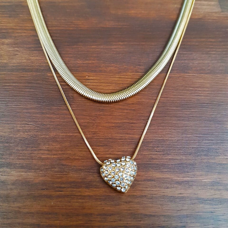 Balık Sırtı Kalp Kombimli Kadın Gold Çelik Kolye