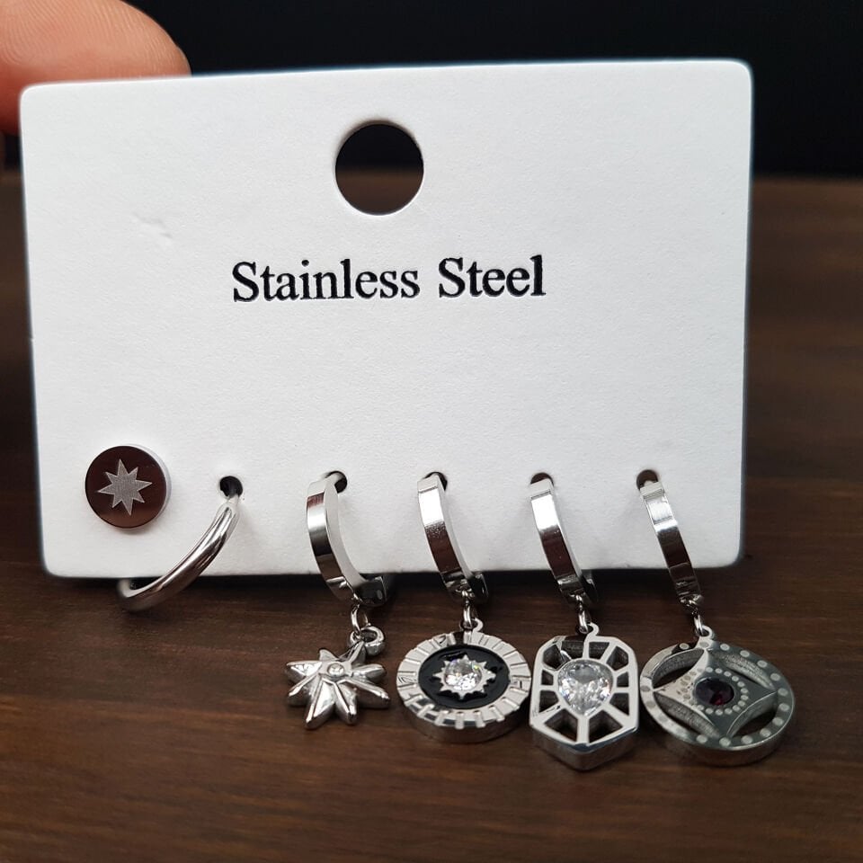 Gümüş Renk 6 lı Karma Kadın Çelik Küpe