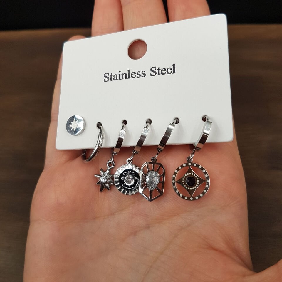 Gümüş Renk 6 lı Karma Kadın Çelik Küpe