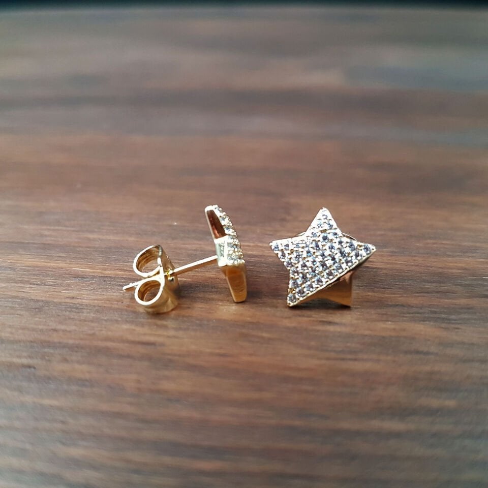 Yıldız Tasarım Taşlı Gold Kadın Çelik Küpe
