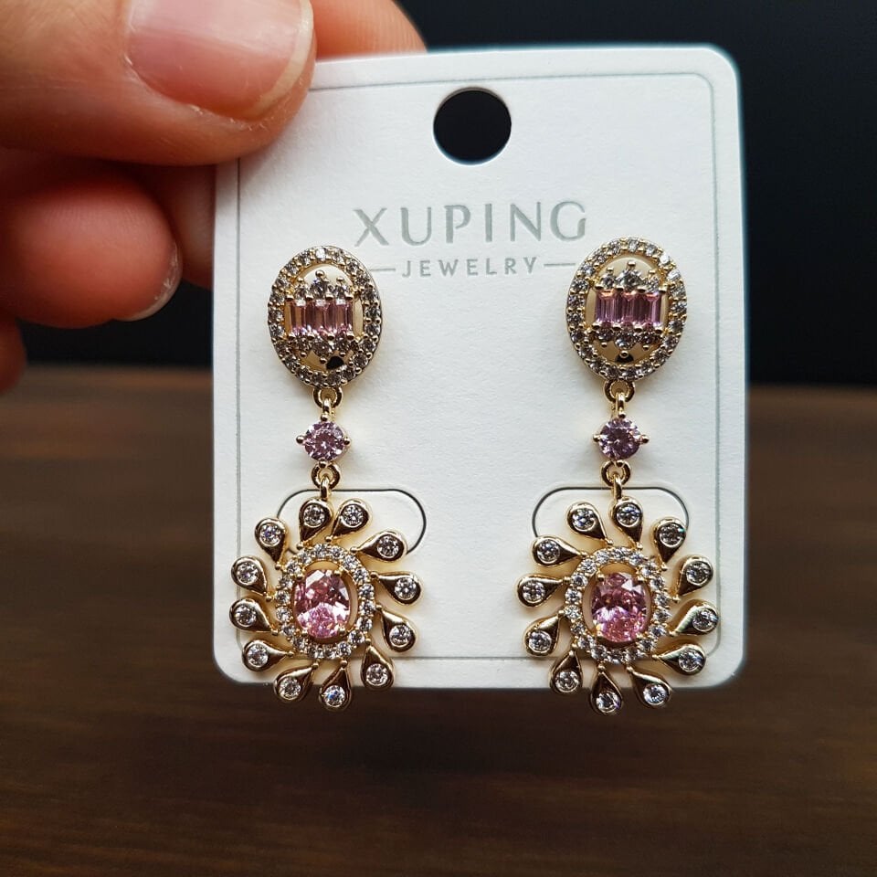 Pembe Zirkon Taş Tasarım Sallantı Gold Çelik Küpe