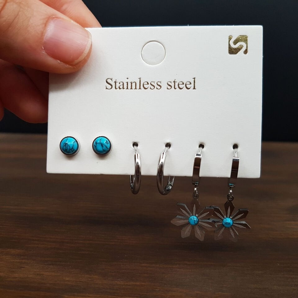 Firuze Taş Tasarım 6 lı Kadın Çelik Küpe