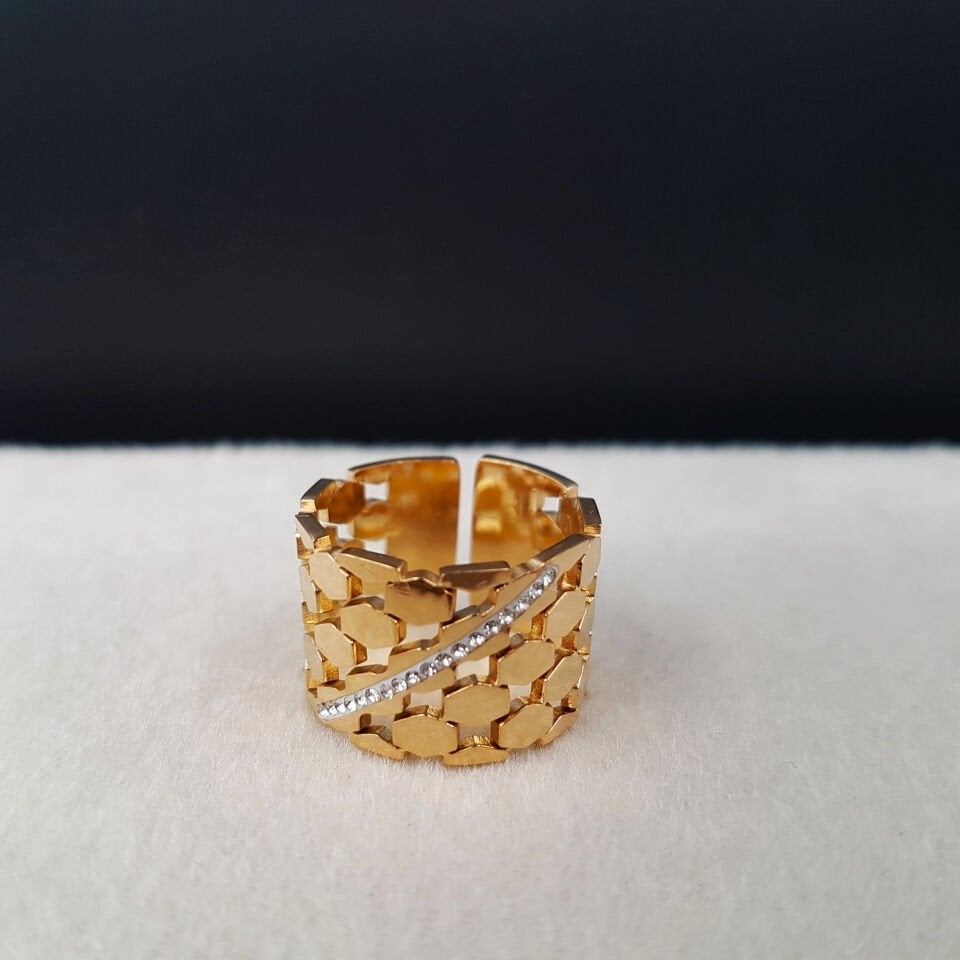 Petek Tasarım Taşlı Gold Kadın Çelik Yüzük