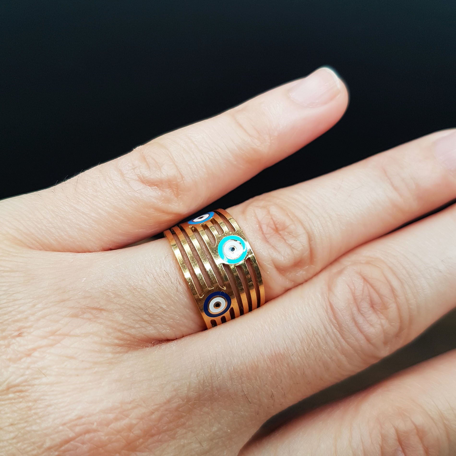 Nazar Boncuk Tasarım Gold Kadın Çelik Yüzük