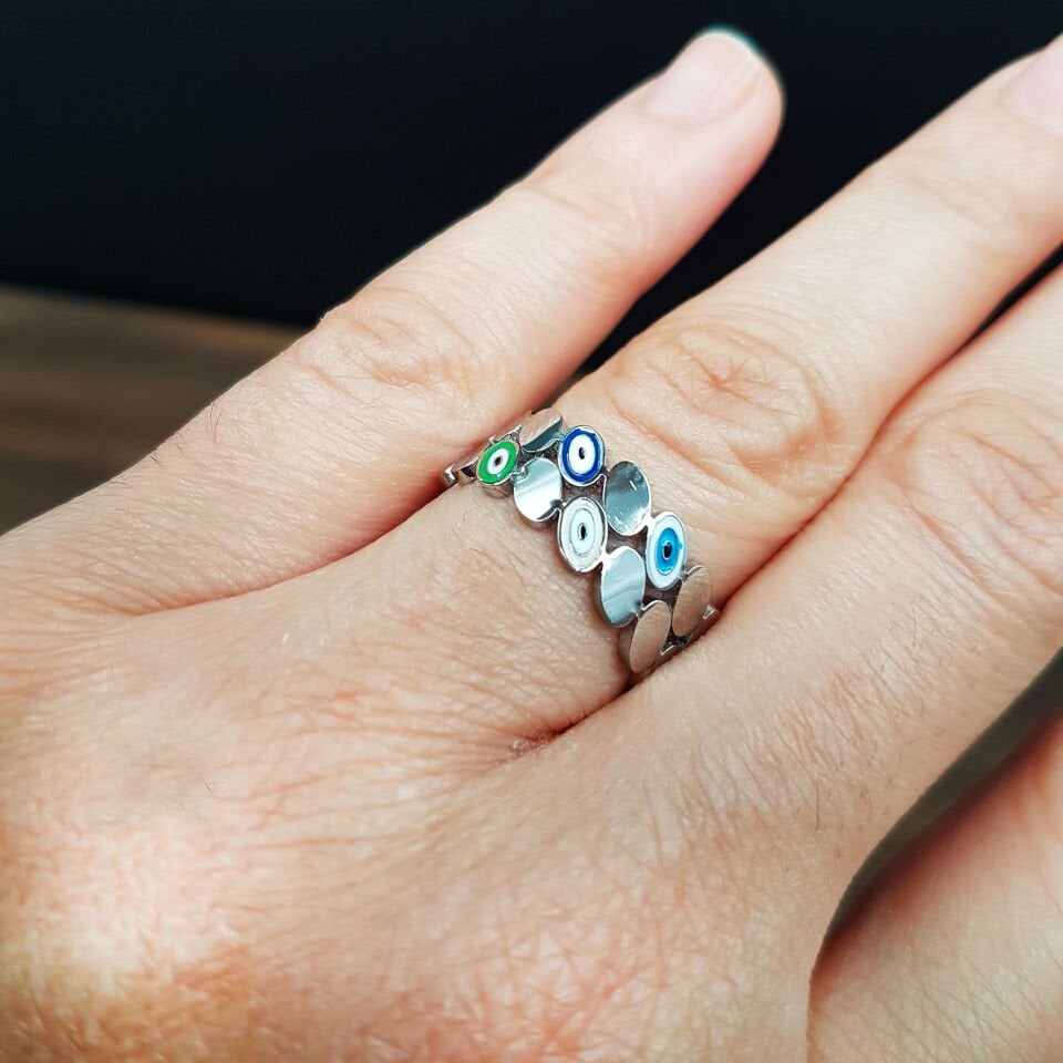 Nazar Boncuklu Petek Çelik Yüzük