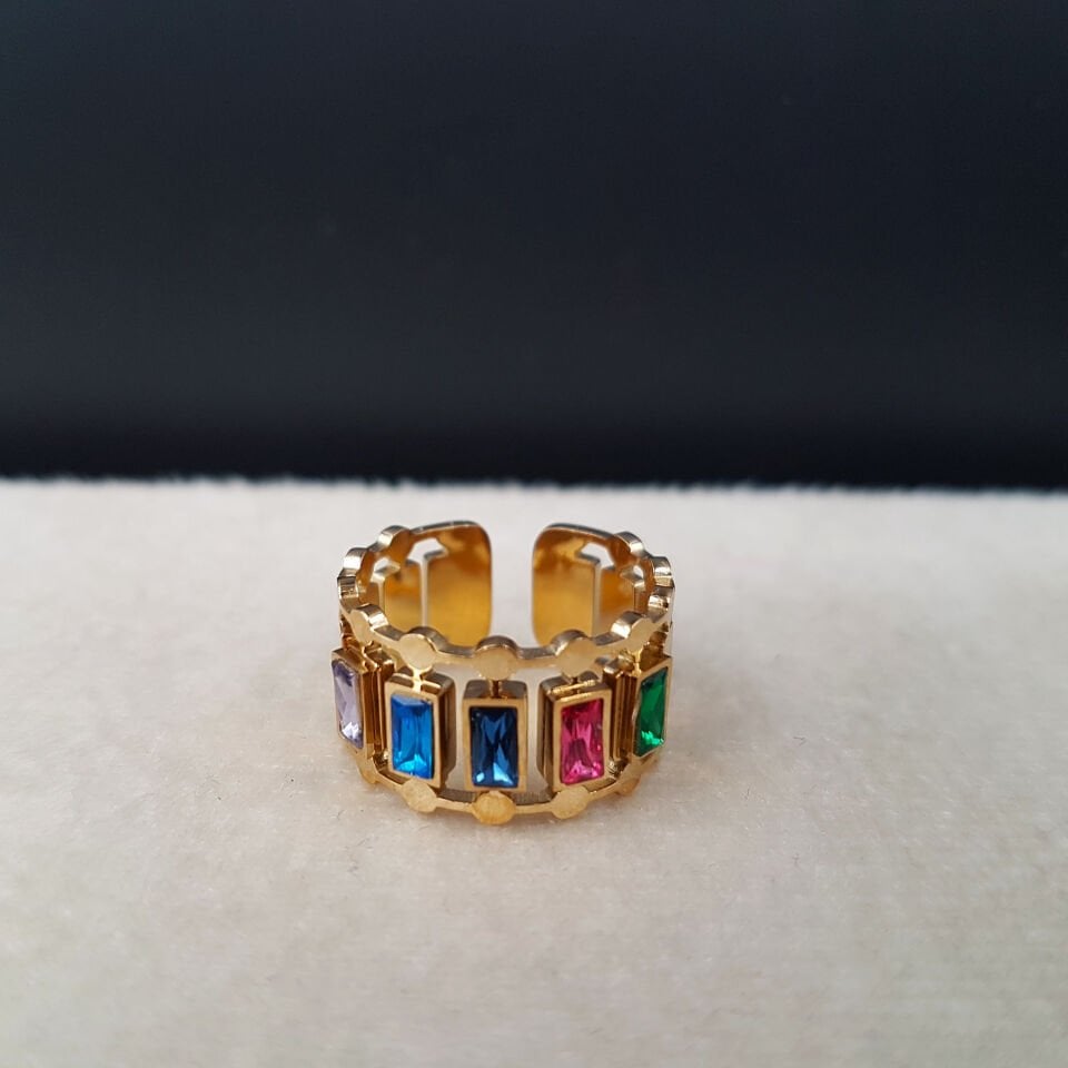 Renkli Zirkon Taş Tasarım Gold Kadın Çelik Yüzük