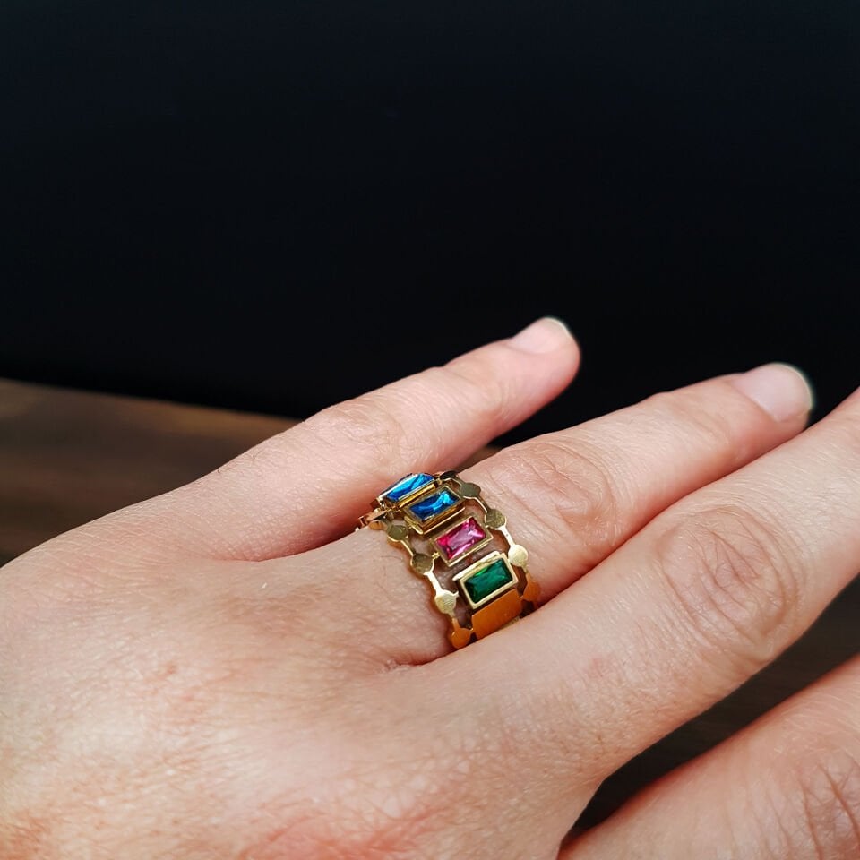 Renkli Zirkon Taş Tasarım Gold Kadın Çelik Yüzük